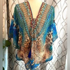 NWT True Colours by La Moda Blue Jungle Mix Animal Print Swim Cover Up Top O/S